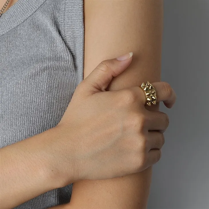 316L Stainless Steel PVD 18K Gold Wide Double Spike Ring – Wholesale & Customizable price 316L Stainless Steel PVD 18K Gold Wide Double Spike Ring – Wholesale & Customizable price
