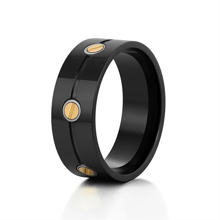 316L Stainless Steel 18K Gold black Inlay Screw Detail Ring 316L Stainless Steel 18K Gold black Inlay Screw Detail Ring