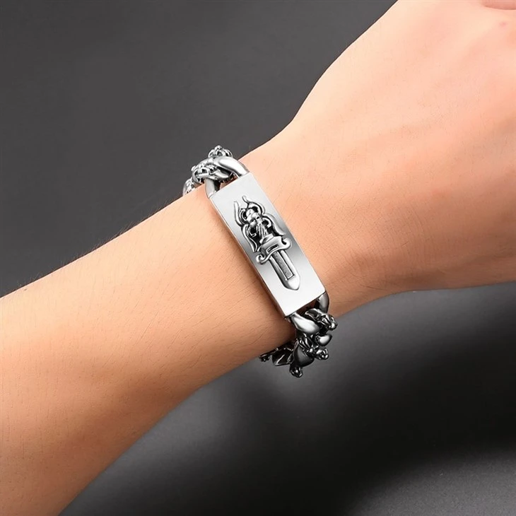 Carved Cross Plate Heavy Chain Bracelet With Black Inlay price Carved Cross Plate Heavy Chain Bracelet With Black Inlay price