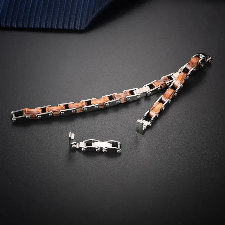Stainless Steel Wooden Inlay And Zircon Link Bracelet high quality