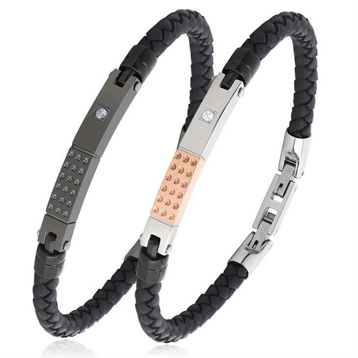 Stainless Steel Braided Leather Bracelet With Zircon Plate – Wholesale & Customizable Stainless Steel Braided Leather Bracelet With Zircon Plate – Wholesale & Customizable